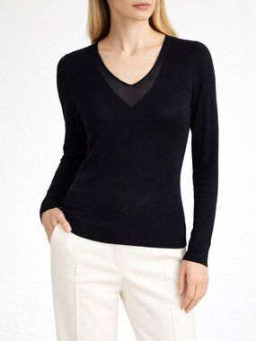 Akris Architectural Silk Knit V-Neck Top Black Sheer Panel Size 10